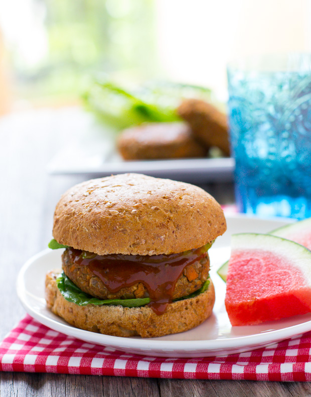 BBQ Lentil Sweet Potato Burgers from Making Thyme for Health