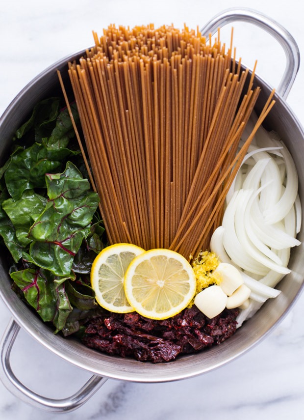 One-Pot Lemon Pasta with Greens and Sundried Tomatoes from Making Thyme for Health