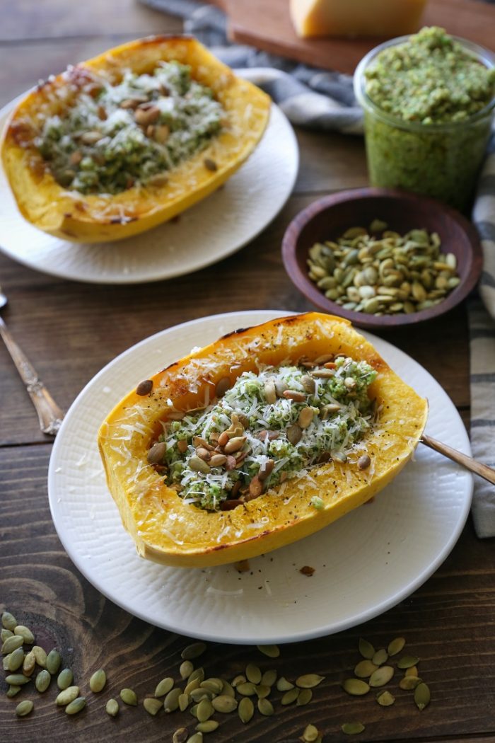 Spaghetti Squash with Broccoli Pumpkin Seed Pesto from The Roasted Root 