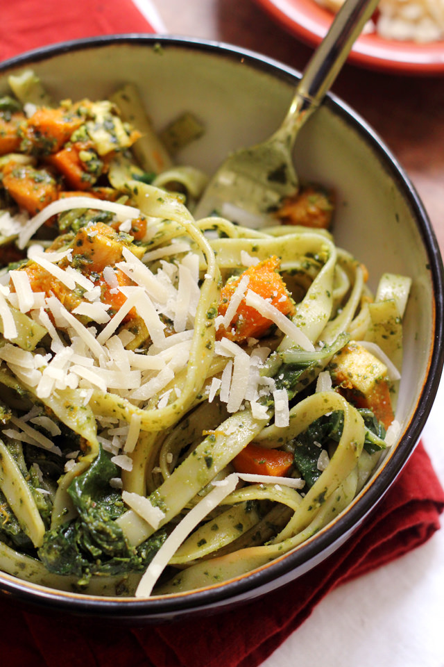Fettuccine with Swiss Chard Pistachio Pesto and Butternut Squash from Eats Well With Others