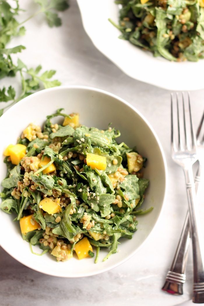 Mango, Wheat Berry, and Arugula Salad with Cilantro Lime Dressing from Hummusapien