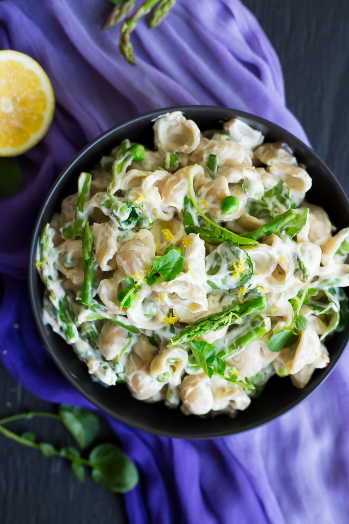 Creamy Cashew Lemon Pasta with Spring Vegetables from She Likes Food