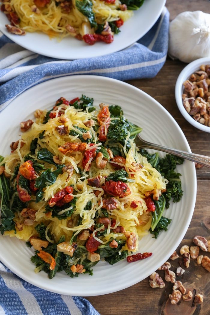 Roasted Garlic & Kale Spaghetti Squash with Sundried Tomatoes from The Roasted Root