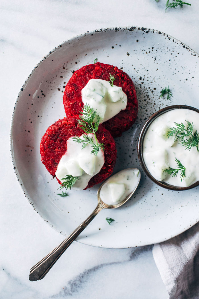 Beet Patties with Vegan Tzatziki from Making Thyme for Health