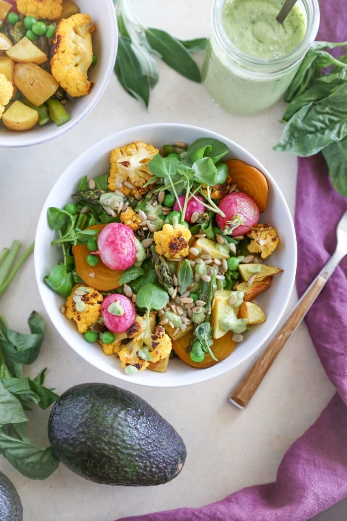 Spring Vegetable Buddha Bowls with Avocado Green Goddess Dressing from The Roasted Root