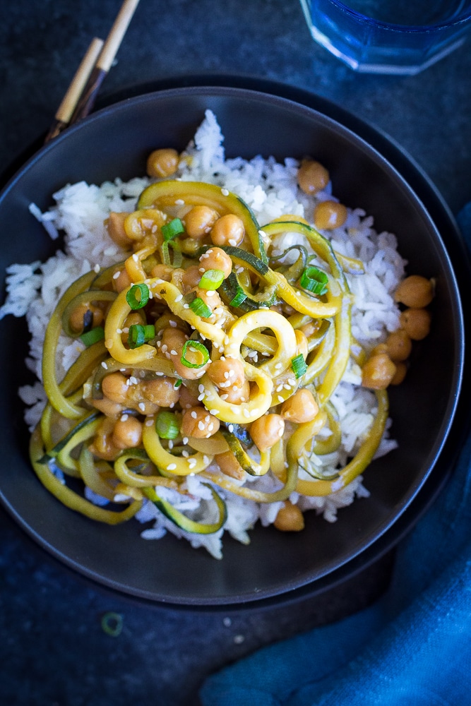 30 Minute Orange Ginger Zucchini Noodle & Chickpea Bowls from She Likes Food