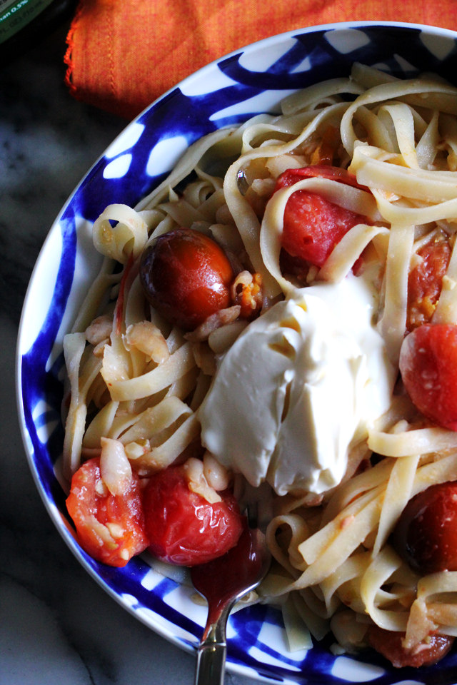 Garlicky Fettuccine with Tomatoes, White Beans, and Mascarpone from Eats Well With Others