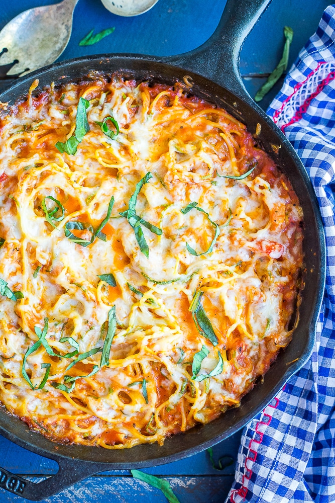 Lower Carb Zucchini Noodle Spaghetti Bake from She Likes Food