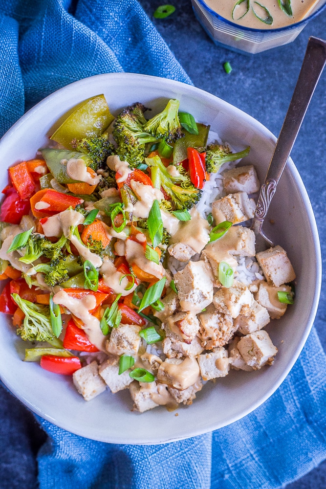 Sheet Pan Tofu and Veggie Bowls with Ginger Peanut Sauce from She Likes Food
