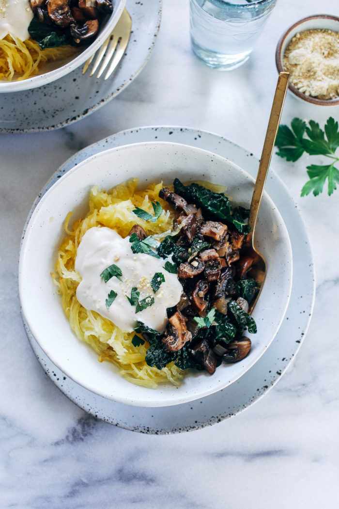 Spaghetti Squash with Mushrooms, Kale and Cashew Alfredo from Making Thyme for Health