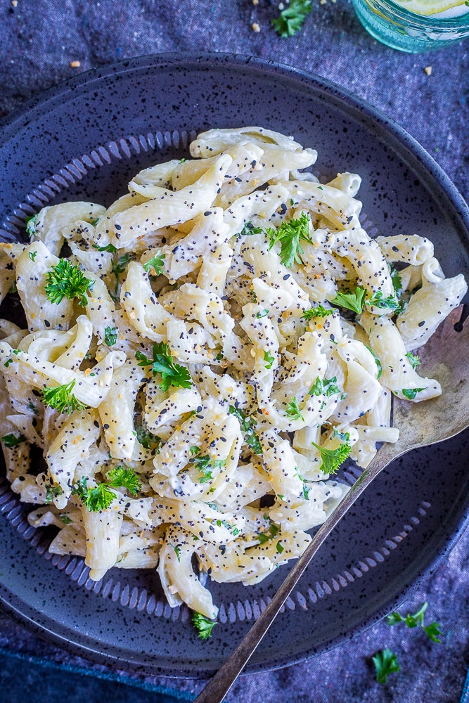 30 Minute Creamy Goat Cheese and Everything Bagel Pasta from She Likes Food
