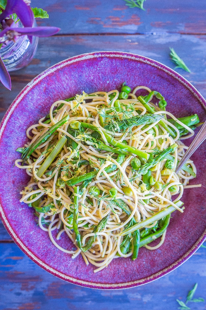 Spring Vegetable Pasta with Lemon and Dill from She Likes Food