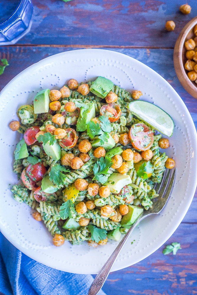 Southwestern Pesto Pasta with Crispy Chickpeas from She Likes Food