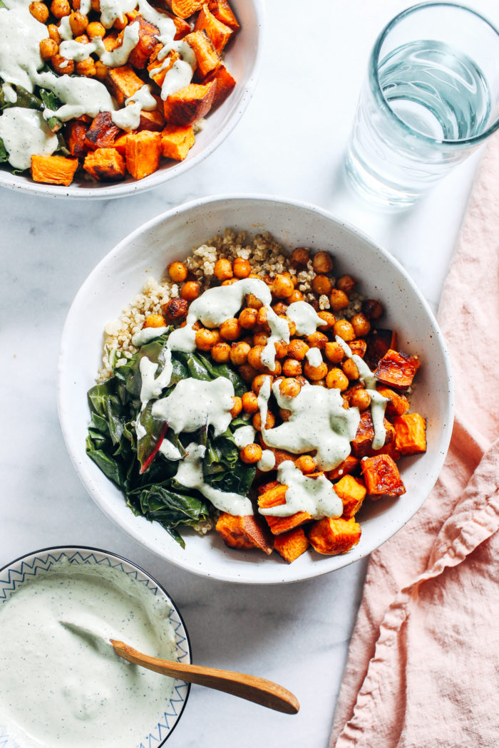 Buddha Bowls with Roasted Sweet Potato, Spiced Chickpeas and Chard from Making Thyme for Health