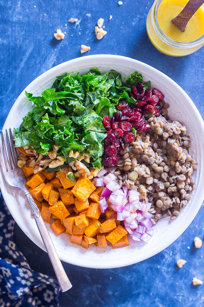 Kale Salad with Sweet Potato and Lentils from She Likes Food