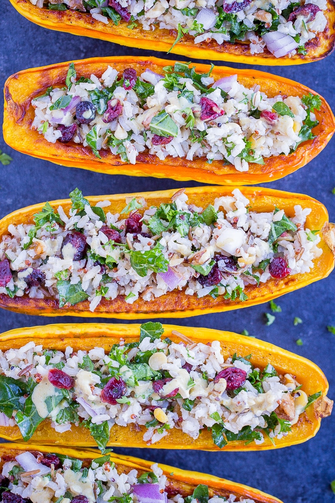 Vegetarian Stuffed Delicata Squash with Curry Tahini Dressing from She Likes Food