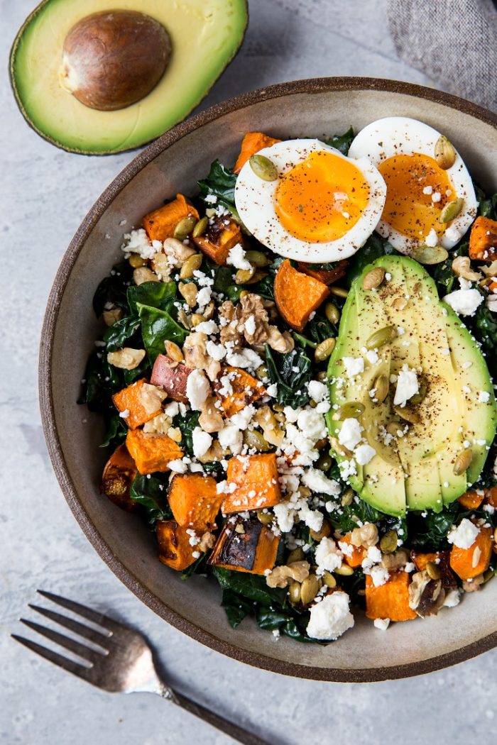 Roasted Sweet Potato Kale Salad with Avocado and Jammy Egg from The Roasted Root
