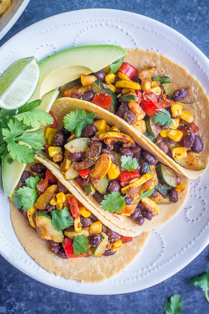Vegan Black Bean Tacos with Summer Vegetables from She Likes Food