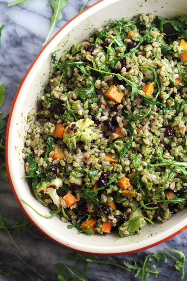 Warm Farro Bowl with Roasted Vegetables and Kale Pesto from Eats Well With Others