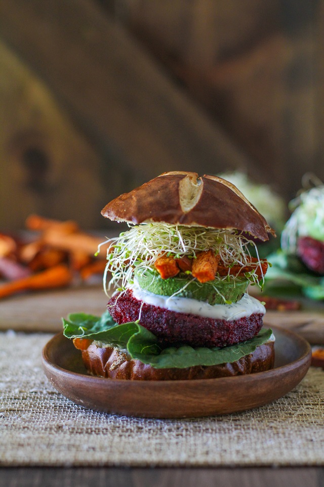 Beet Veggie Burgers with Herbed Goat Cheese from The Roasted Root