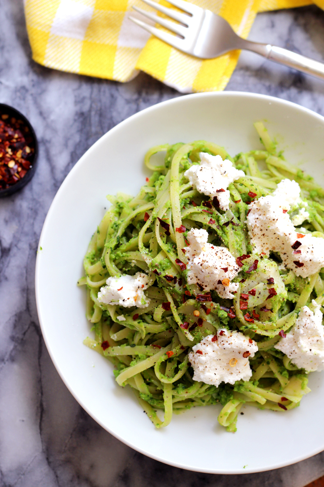 Linguine with Lemony Pea Pesto, Artichokes, and Ricotta from Eats Well With Others