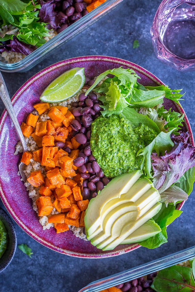 Sweet Potato and Black Bean Bowls with Cilantro Lime Pesto from She Likes Food