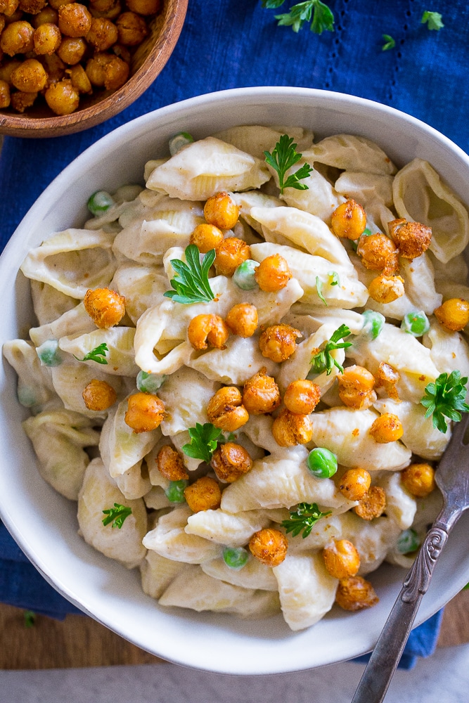 Vegan Alfredo Pasta with Crispy Chickpeas from She Likes Food