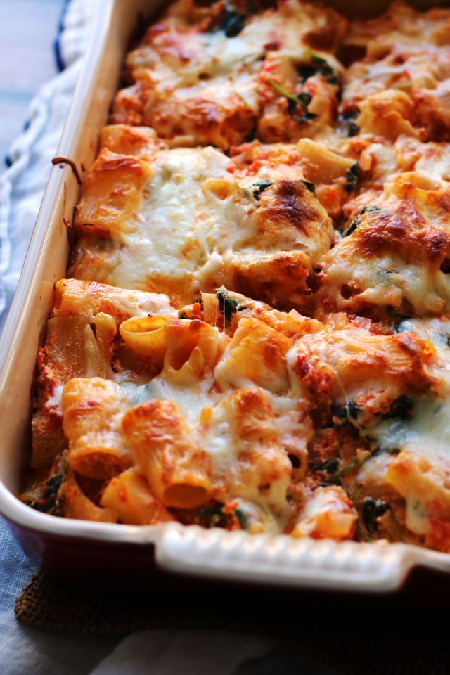 Baked Ziti with Roasted Red Peppers, Baby Kale, and Ricotta from Eats Well With Others