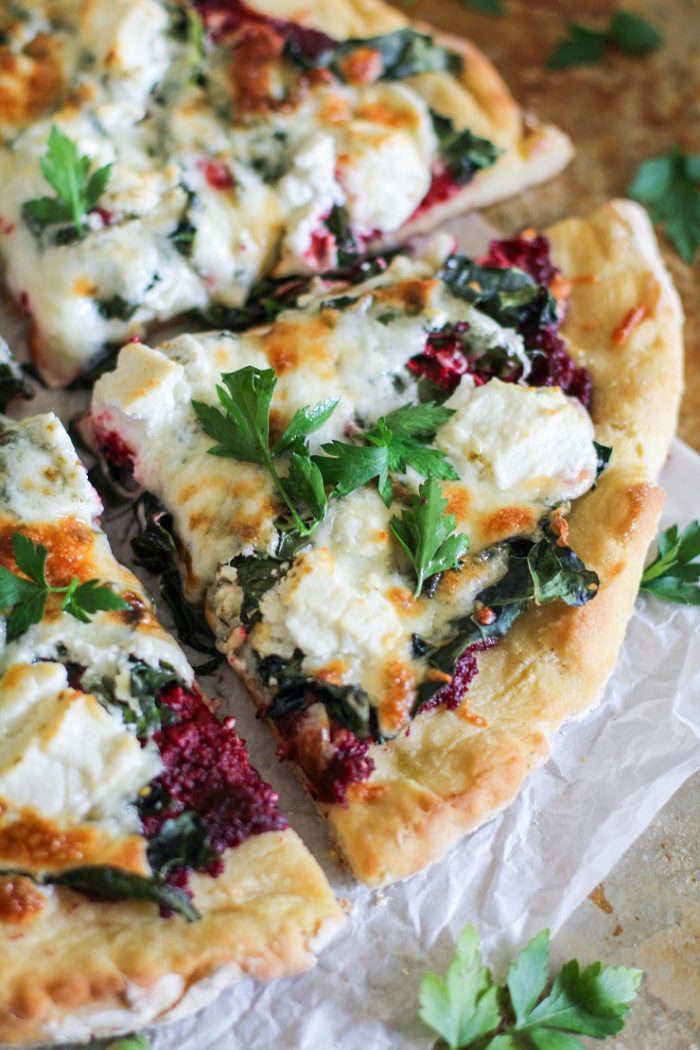 Beet Pesto Pizza with Kale and Goat Cheese from The Roasted Root